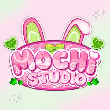 Logo Mochi Studio dengan kelinci pink dan hijau